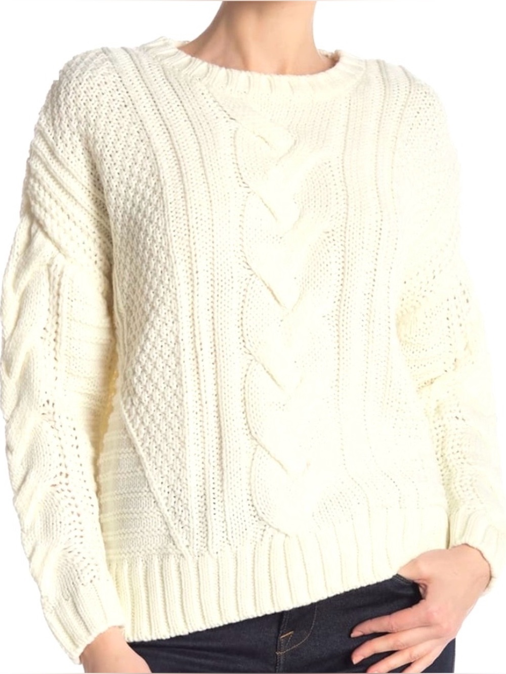 ONE A Vanilla Cream Winter White Cable Knit Fishermans Sweater